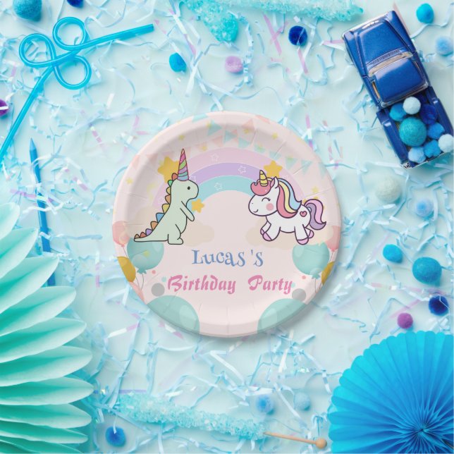 Dinosaur Unicorn rainbow gradient  birthday party  Paper Plate (Party)