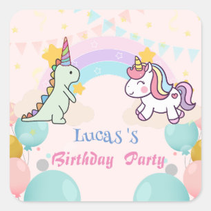 Dinosaur Unicorn rainbow gradient birthday party Square Sticker