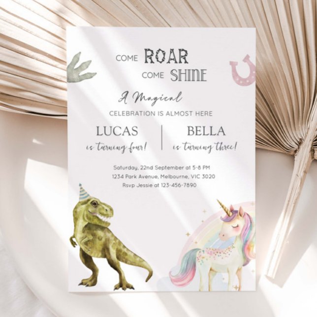 Dinosaur & Unicorn Siblings Joint Birthday Party Invitation (Creator Uploaded)