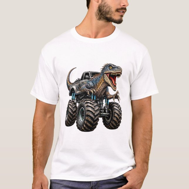 Dinosaur Velociraptor Monster Truck T-Shirt (Front)