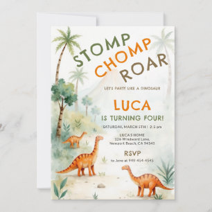 Dinosaur Volcano Watercolor Orange Boy Birthday Invitation