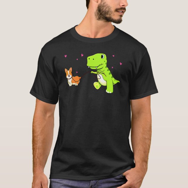 Dinosaur Walking With Corgi T-Shirt (Front)