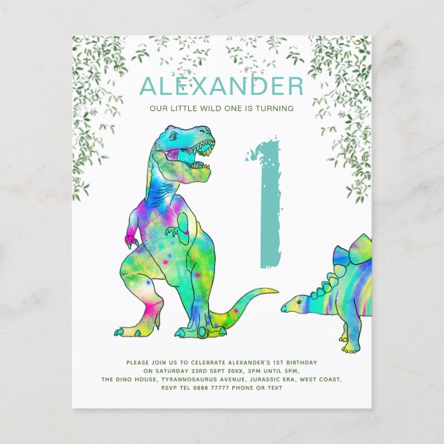 Dinosaur watercolor 1st Birthday Party (Front)