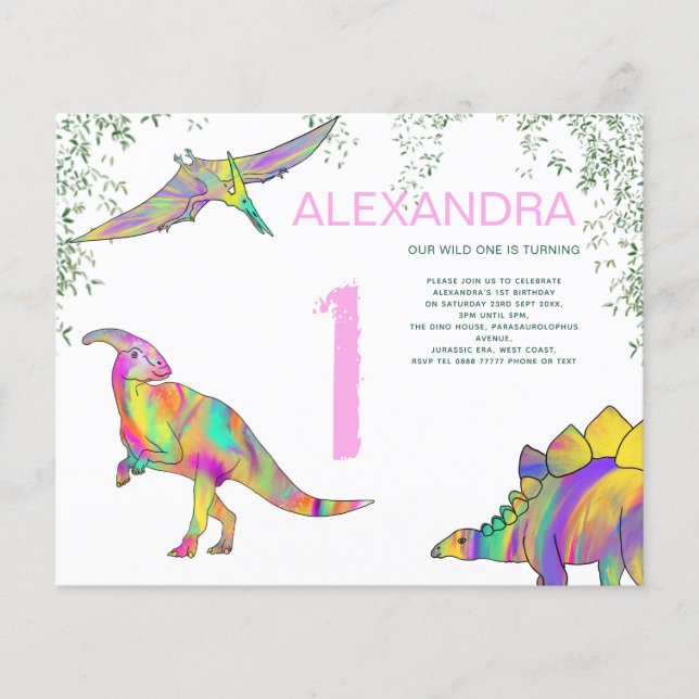 Dinosaur watercolor 1st Birthday Party budget pink Flyer (Front)