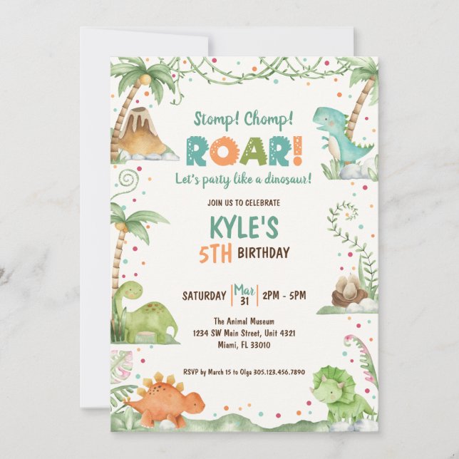 Dinosaur Watercolor Birthday  Invitation (Front)