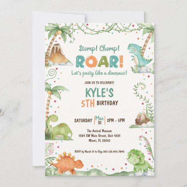 Dinosaur Watercolor Birthday  Invitation (Front)