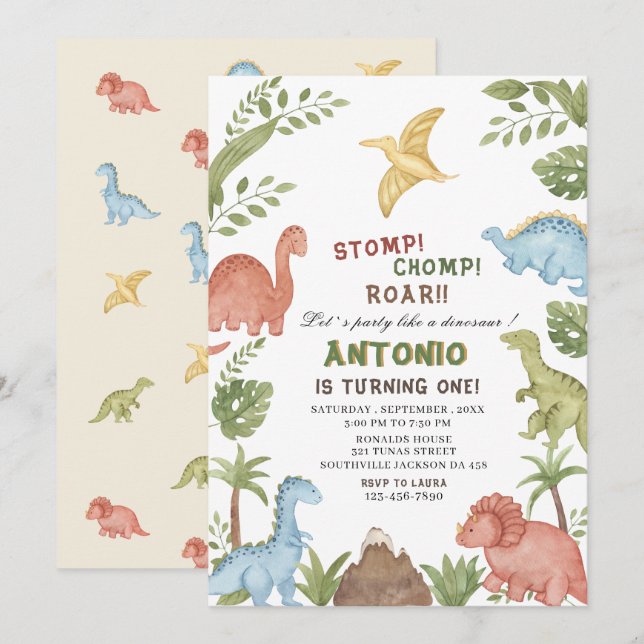 Dinosaur watercolor birthday party  invitation (Front/Back)