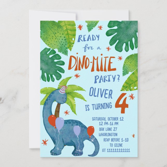 Dinosaur watercolor cute birthday party invitation (Front)