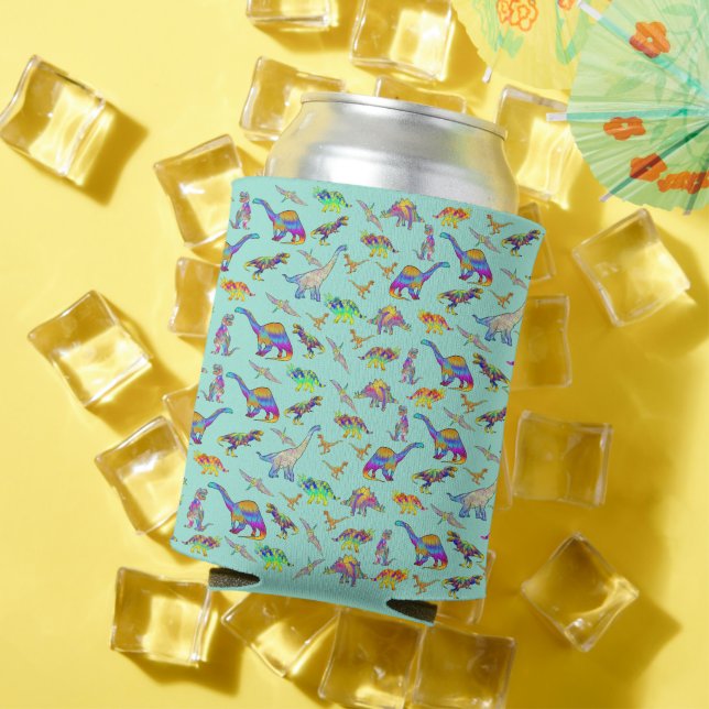 Dinosaur watercolor Pattern teal Can Cooler (In Situ Summer)