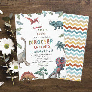 Dinosaur watercolor stomp chomp roar birthday part invitation
