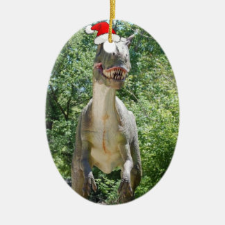 Dinosaur wearing a Santa Claus Hat for Christmas Ceramic Tree Decoration