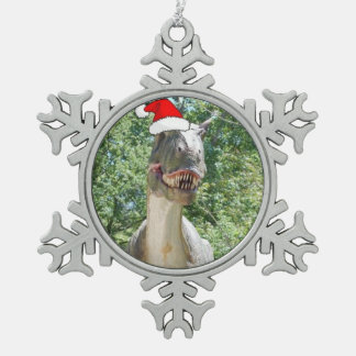 Dinosaur wearing a Santa Claus Hat for Christmas Snowflake Pewter Christmas Ornament