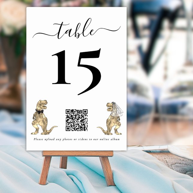 Dinosaur Wedding Black & White QR Code for Photos Table Number (Dinosaur wedding photo qr code upload elegant script black and white custom table number card)