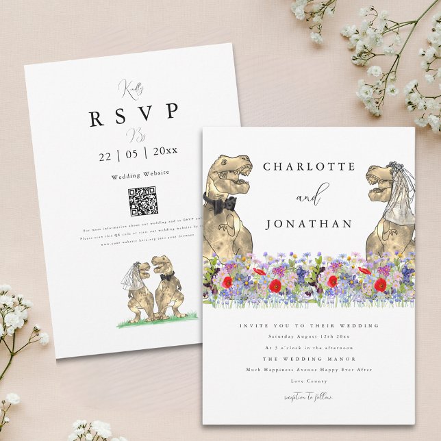 Dinosaur Wedding Boho Wildflower QR Code Invitation (Boho wildflower dinosaur wedding invitation with watercolor summer florals and qr code)