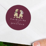 Dinosaur Wedding Burgundy & Cream Personalised  Classic Round Sticker<br><div class="desc">Whimsical Dinosaur Wedding personalised Stickers. Burgundy & ivory cream T-Rex Bride & Groom Bring a roar of joy to your special day with these adorable dinosaur-themed wedding burgundy stickers. Featuring a sweet T-Rex bride wearing a white veil and a dapper groom in a black tie, this charming design is set...</div>