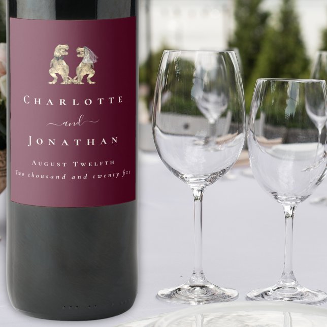 Dinosaur Wedding Burgundy & Cream Personalised  Wine Label (Dinosaur wedding burgundy & cream personalized wine labels Cute T-Rex dino bride & groom elegant)