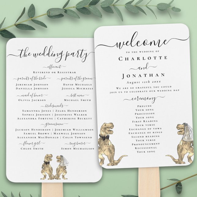 Dinosaur Wedding Ceremony Black & White Program Hand Fan (T-Rex bride and groom funny dinosaur wedding ceremony program fan Elegant modern script )