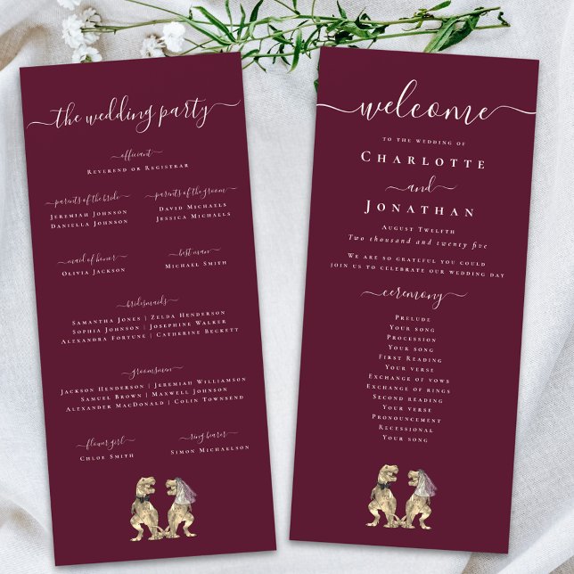 Dinosaur Wedding Ceremony Burgundy & Cream Program Menu (Dinosaur theme wedding ceremony burgundy & cream program card Whimsical elegant modern script T-Rex )