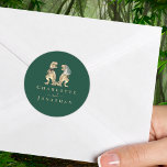 Dinosaur Wedding Custom Classic Round Sticker<br><div class="desc">Bring a roar of fun to your celebration with these dinosaur-themed wedding stickers! Featuring an adorable T-Rex bride and groom on an elegant rich dark green background. Perfect stickers for a whimsical Jurassic wedding reception, rehearsal dinner, or dino-themed celebration. With modern script typography and customisable templates, you can easily personalise...</div>