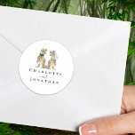 Dinosaur Wedding Custom Classic Round Sticker<br><div class="desc">Bring a roar of fun to your celebration with these dinosaur-themed wedding stickers! Featuring an adorable T-Rex bride and groom on a modern crisp white background. Perfect stickers for a whimsical Jurassic wedding reception, rehearsal dinner, or dino-themed celebration. With modern script typography and customisable templates, you can easily personalise with...</div>