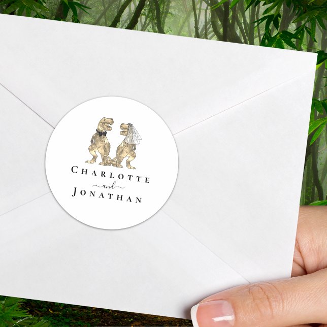Dinosaur Wedding Custom Classic Round Sticker (Funny dinosaur wedding sticker T-Rex bride and groom dino elegant script Custom names)