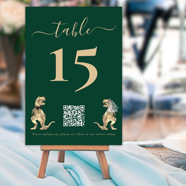 Dinosaur Wedding Dark Green QR Code for Photos Table Number (Dinosaur wedding photo qr code upload elegant script dark green custom table number card )