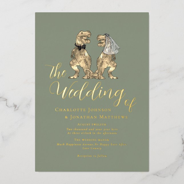 Dinosaur Wedding Elegant Sage Green Gold (Front)