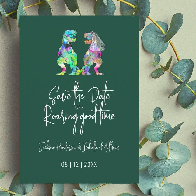Dinosaur Wedding Funny T-Rex Bride and Groom Save The Date (Dinosaur bride and groom colorful watercolor dino wedding save the date dark green invitation)