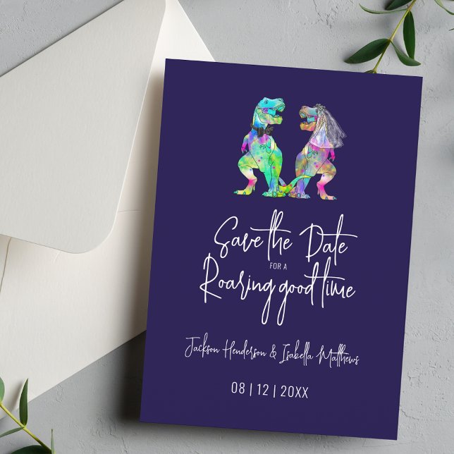 Dinosaur Wedding Funny T-Rex Bride and Groom Save The Date (Dinosaur bride and groom colorful watercolor dino wedding save the date invitation in navy blue)