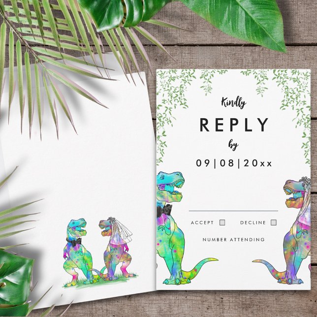Dinosaur Wedding Invitation Reply (T-Rex bride and groom colorful dinosaur wedding invitation reply RSVP card )