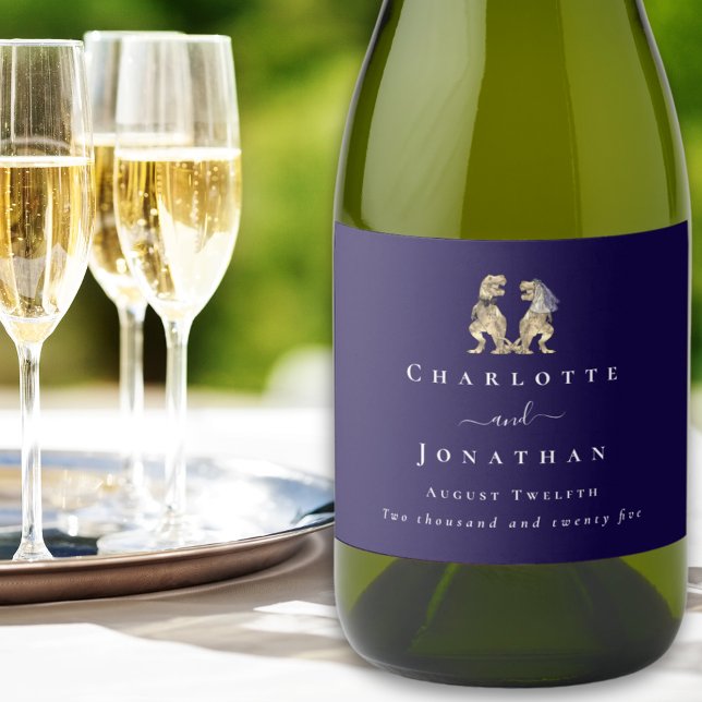 Dinosaur Wedding Navy Blue & White Custom Sparkling Wine Label (Dinosaur themed wedding T-Rex bride and groom navy blue & white personalized wine labels minimalist)