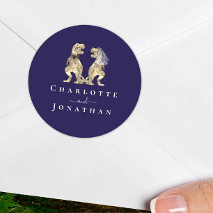 Dinosaur Wedding Navy Blue & White Personalized  Classic Round Sticker