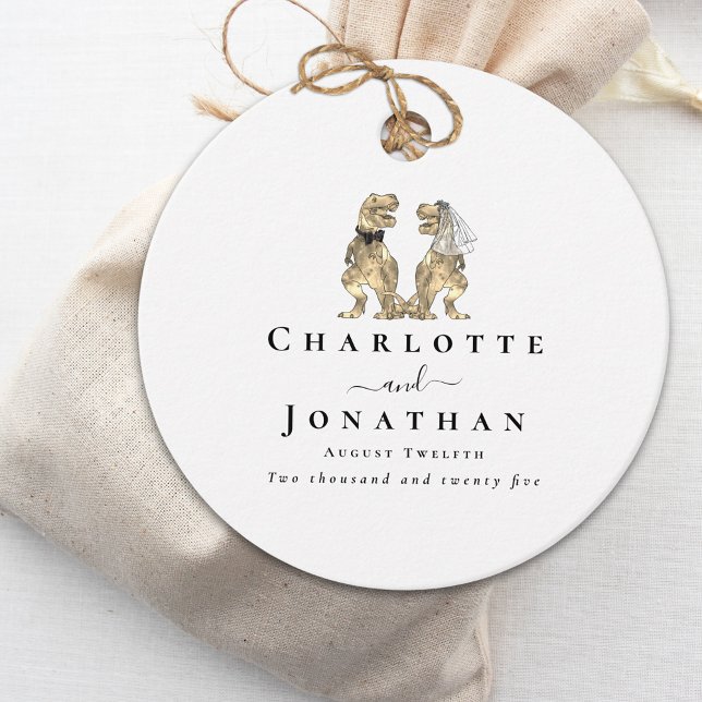 Dinosaur Wedding Personalised Favour Tags (Dinosaur bride and groom personalized black and white wedding favor tags Elegant modern script)