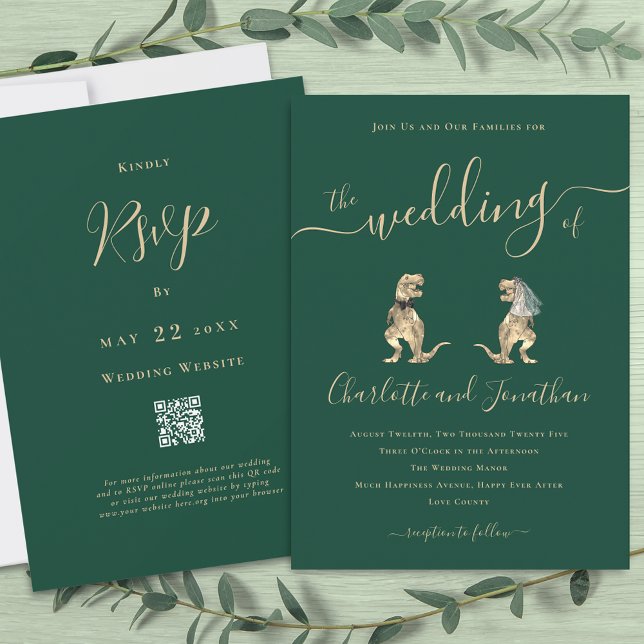 Dinosaur Wedding QR Code Invitation (T-Rex bride and groom funny dinosaur wedding dark green qr code invitation Elegant script)