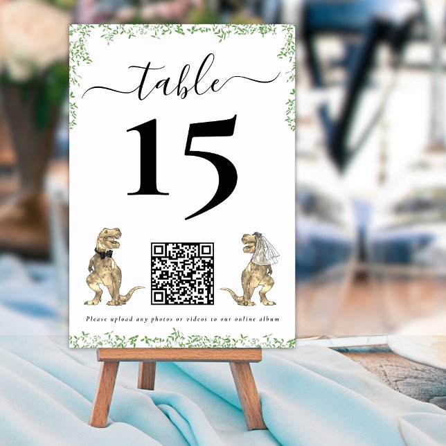Dinosaur Wedding QR Code Table Number (Dinosaur wedding qr code table number card T-Rex bride & groom dino watercolor eucalyptus foliage)