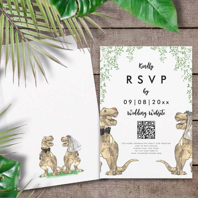 Dinosaur Wedding Reply Website QR Code RSVP Card (T-Rex bride and groom dinosaur wedding invitation online RSVP website qr code enclosure card)