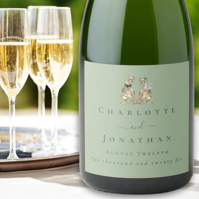 Dinosaur Wedding Sage Green Personalised  Sparkling Wine Label (Dinosaur wedding funny T-Rex bride & groom elegant Modern script custom sage green wine labels)