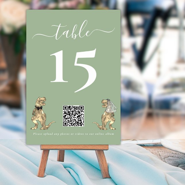 Dinosaur Wedding Sage Green QR Code for Photos Table Number (Dinosaur theme wedding qr code for photos sage green and white custom table number cards elegant )