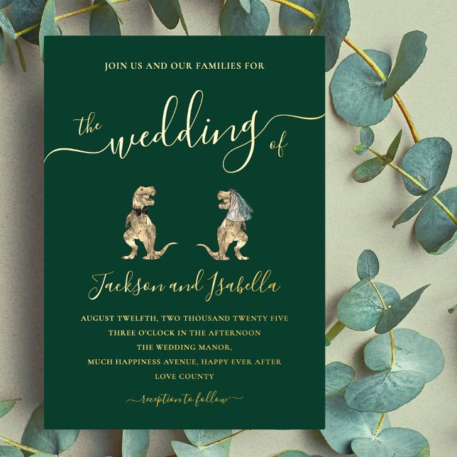 Dinosaur wedding T-Rex Bride and Groom Green Gold (Dinosaur wedding t-Rex bride and groom dark green and elegant gold foil script wedding invitation )