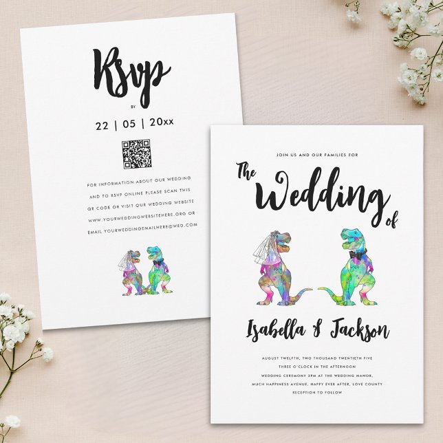 Dinosaur Wedding T-Rex Bride and Groom Invitation (Fun dinosaur theme wedding qr code invitation with colorful T-Rex dino bride and groom)