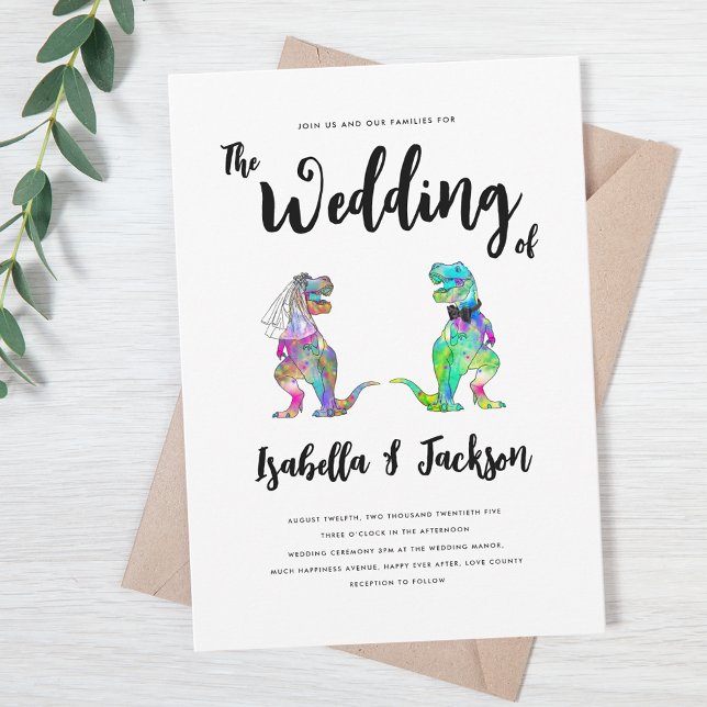 Dinosaur Wedding T-Rex Bride and Groom Invitation (Colorful T-Rex bride and groom fun dinosaur wedding invitation with whimsical script)