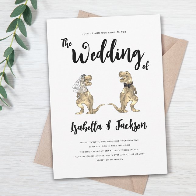 Dinosaur Wedding T-Rex Bride and Groom Invitation (Dinosaur wedding t-Rex bride and groom modern stylish invitation with whimsical script)