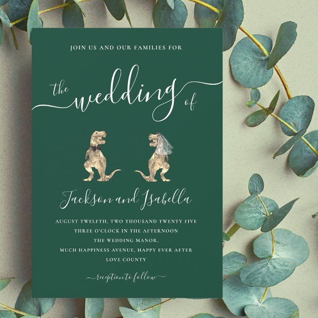 Dinosaur Wedding T-Rex Bride and Groom Invitation (Dinosaur wedding t-Rex bride and groom dark green wedding invitation Elegant script fun Jurassic )