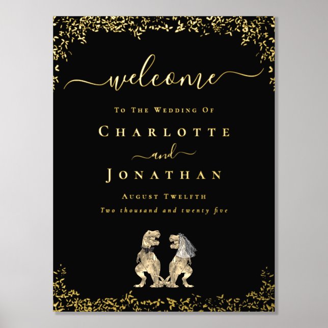 Dinosaur Wedding Welcome Black and Gold Foil Prints (Front)