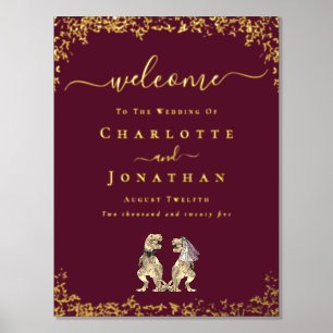 Dinosaur Wedding Welcome Burgundy Gold Foil Prints