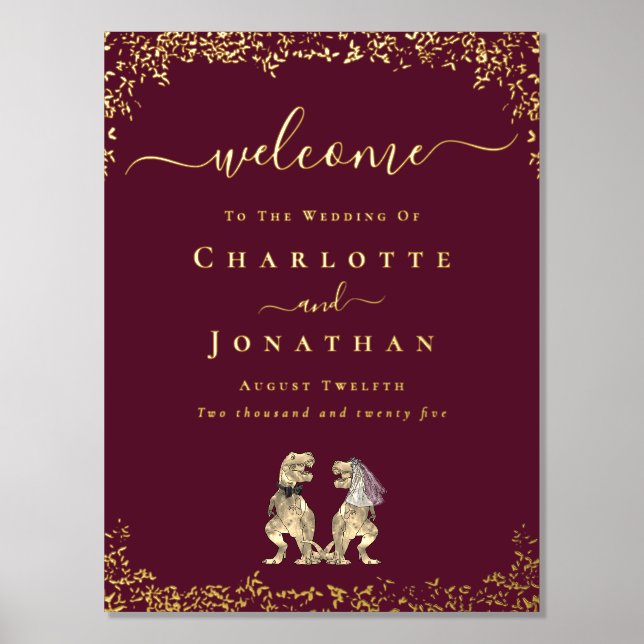 Dinosaur Wedding Welcome Burgundy Gold Foil Prints (Front)