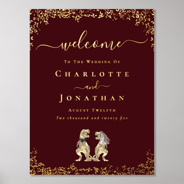 Dinosaur Wedding Welcome Burgundy Gold Foil Prints (Front)