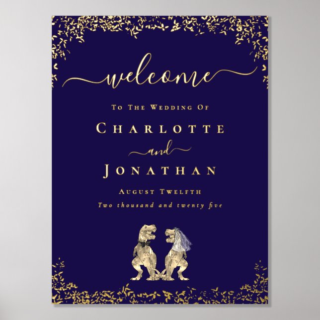 Dinosaur Wedding Welcome Navy Blue Gold Foil Prints (Front)
