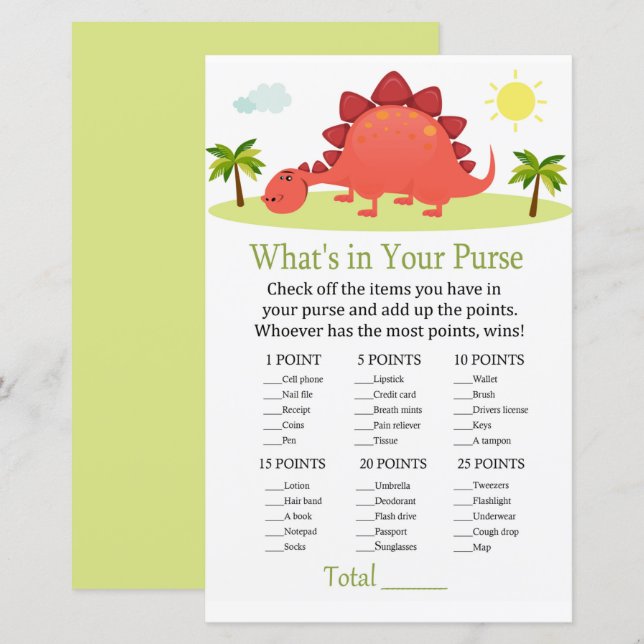 Dinosaur What's in your purse game baby shower (Front/Back)