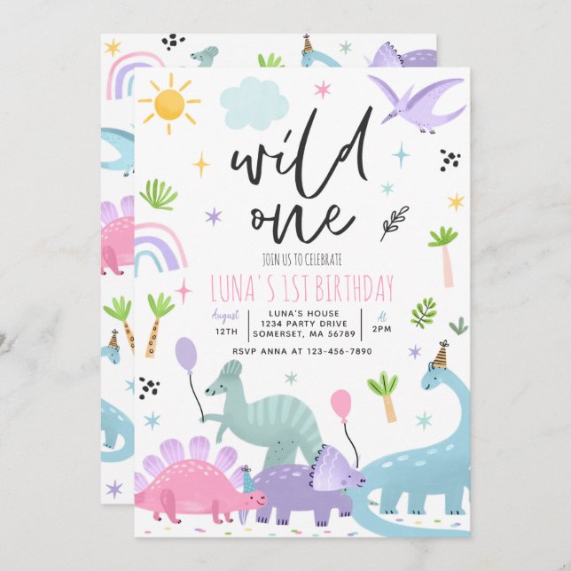 Dinosaur Wild One 1st Birthday Party Invitation (Front/Back)
